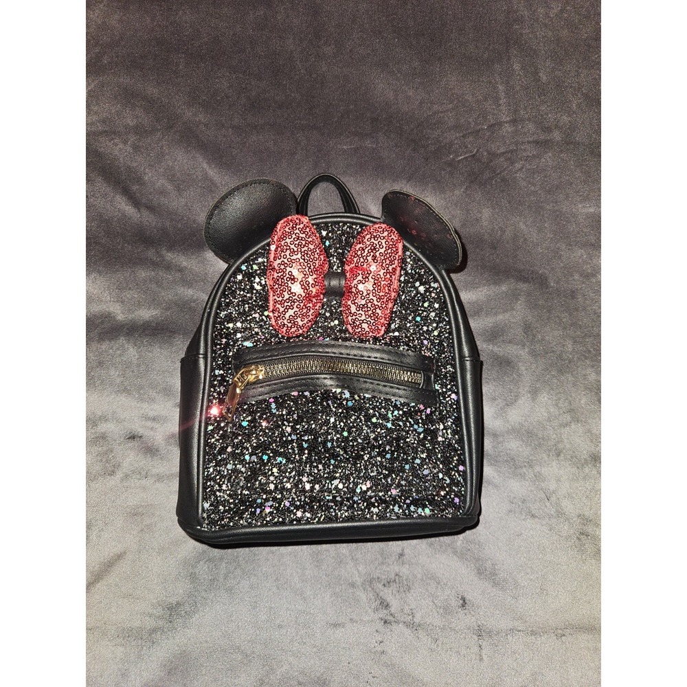 Disney Minnie Mouse Black Glitter Mini Backpack with Red Bow and Ears
